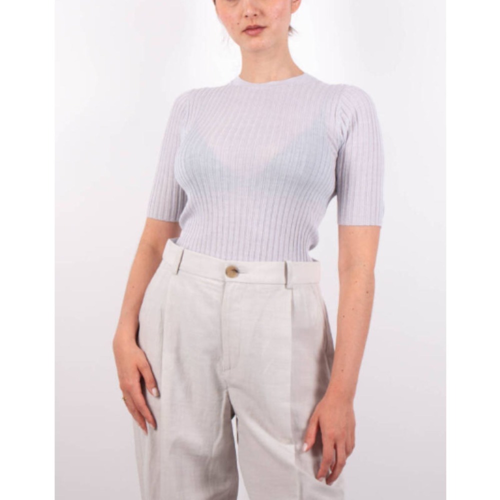 Vince Ribbed Short Sleeve Top Womens Large Lavender Button Cuff V046779589
